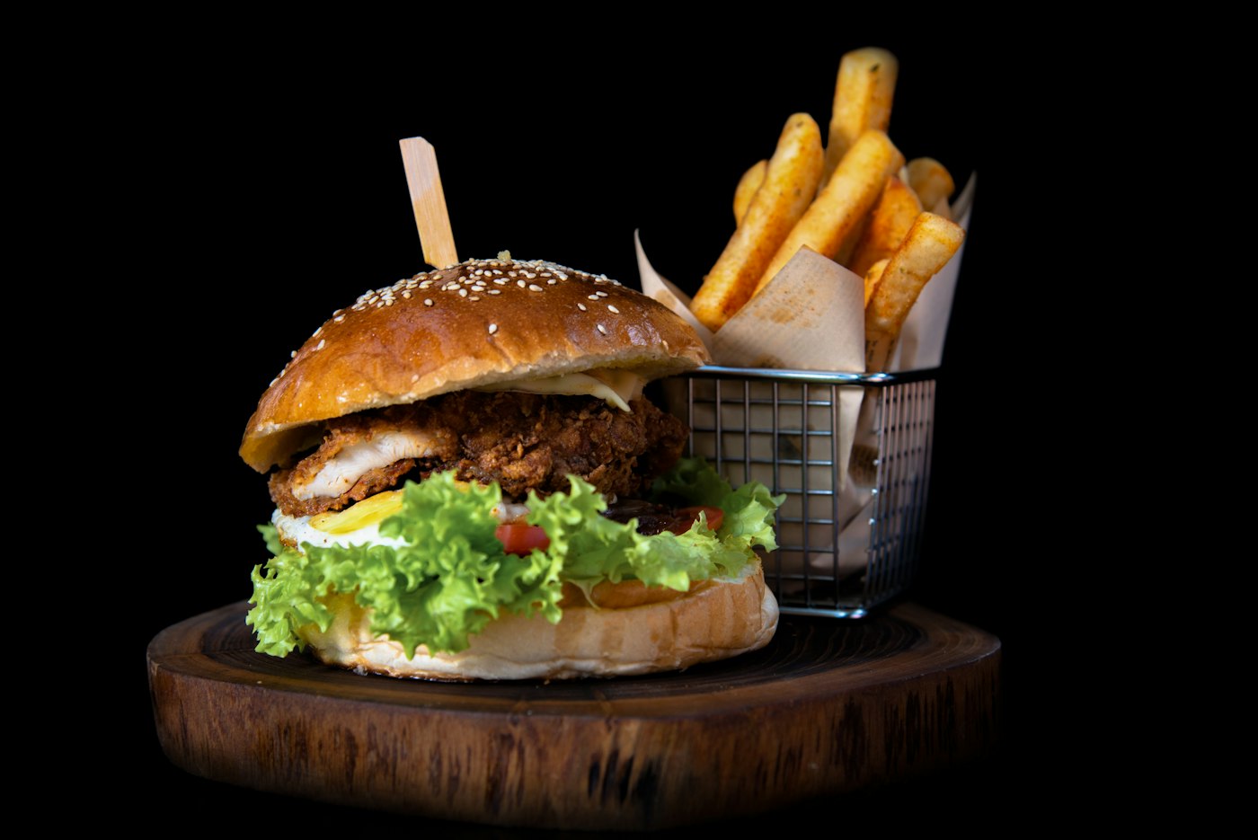 Burger with a basket of fries