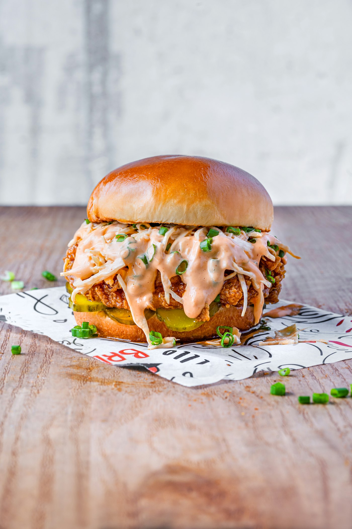Crispy chicken burger with slaw