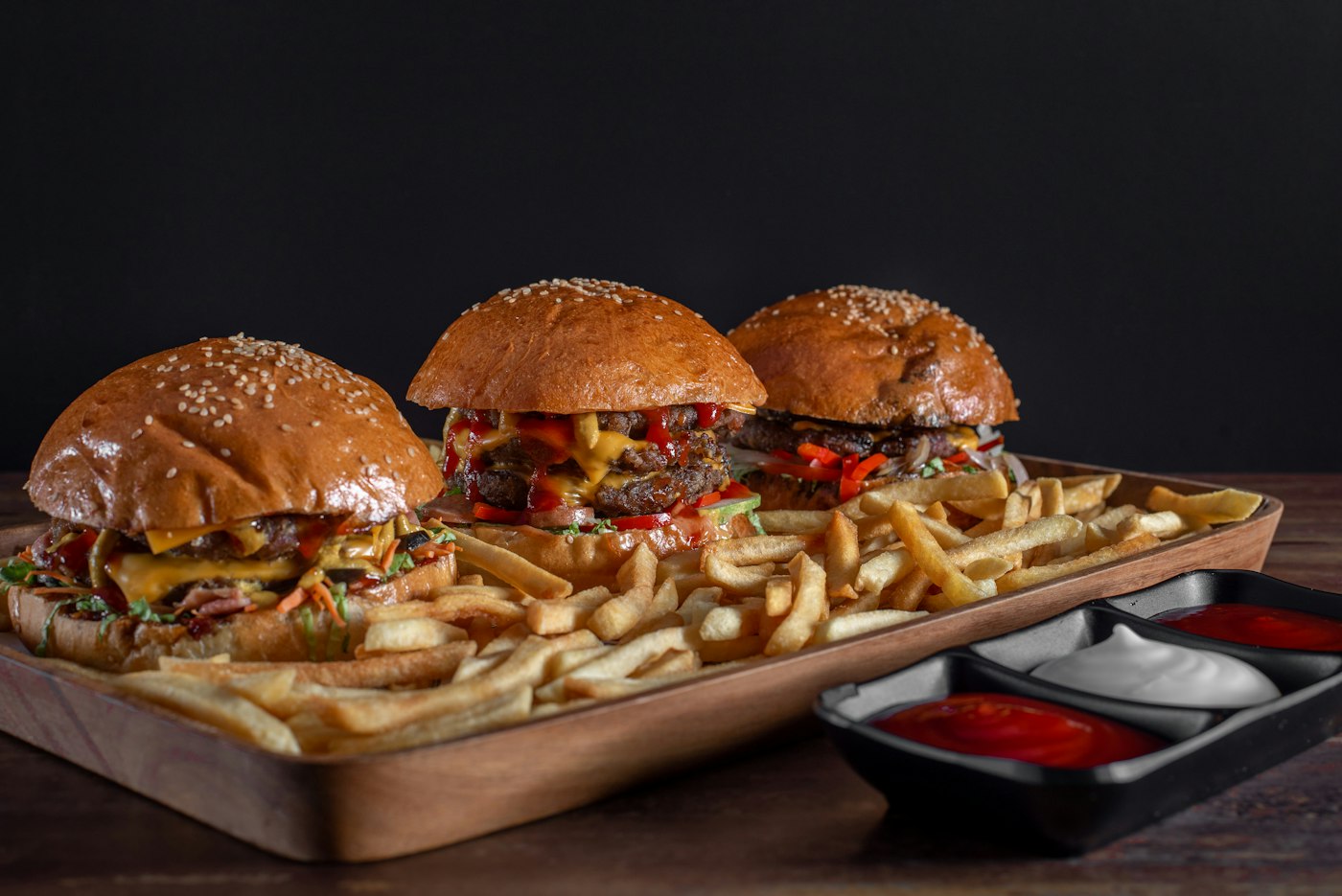 Tray of burgers and fries