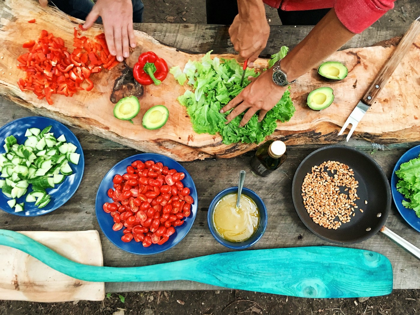 Overhead view of ingredient preparation