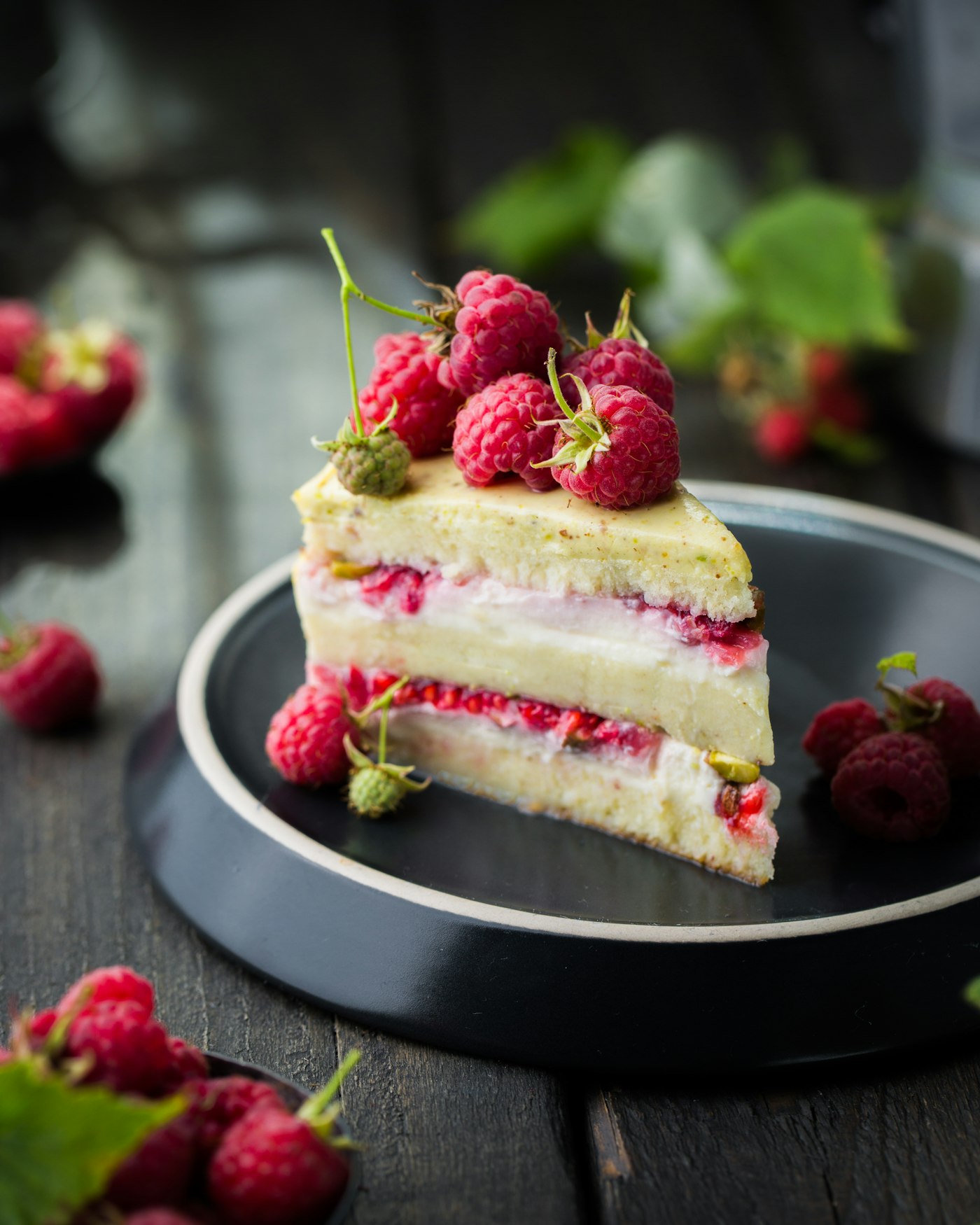 Raspberry and pistachio layer cake
