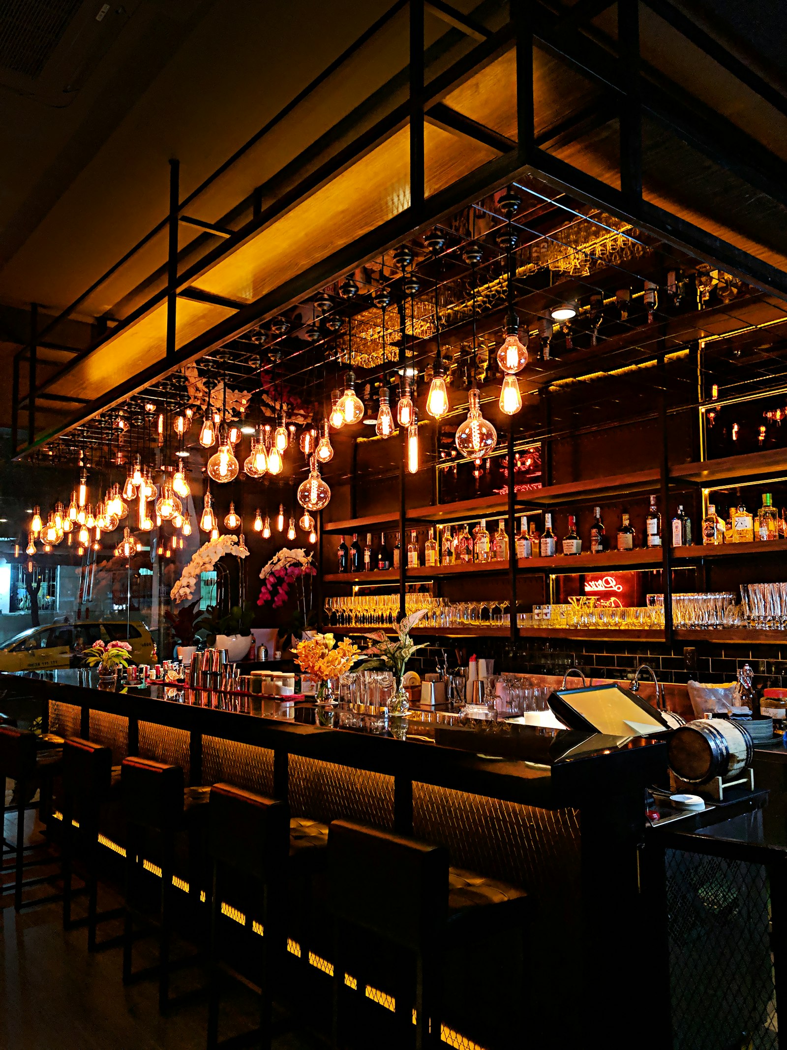 The bar with warm pendant lighting