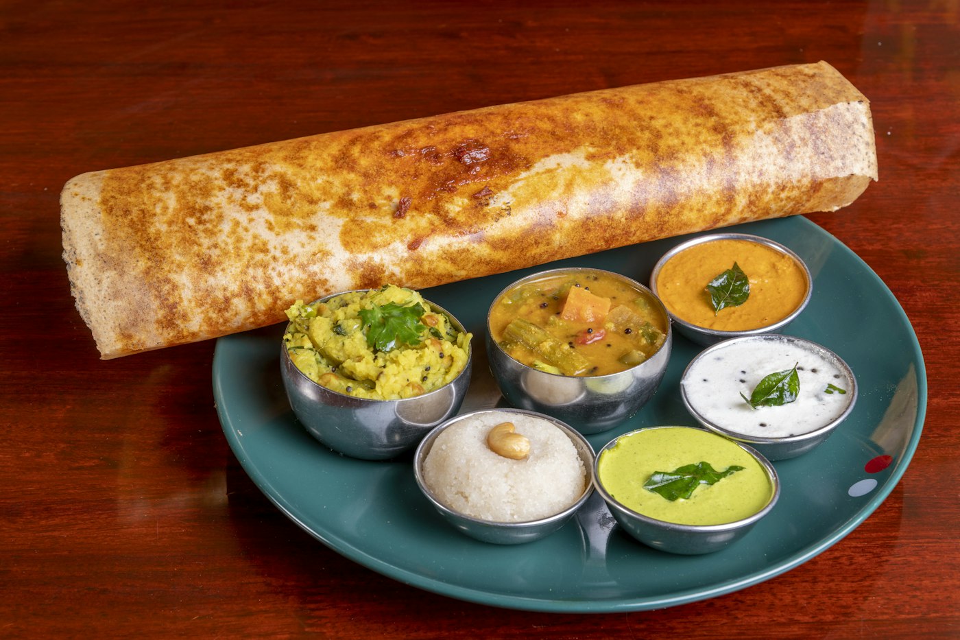 Golden ghee podi dosa with three chutneys