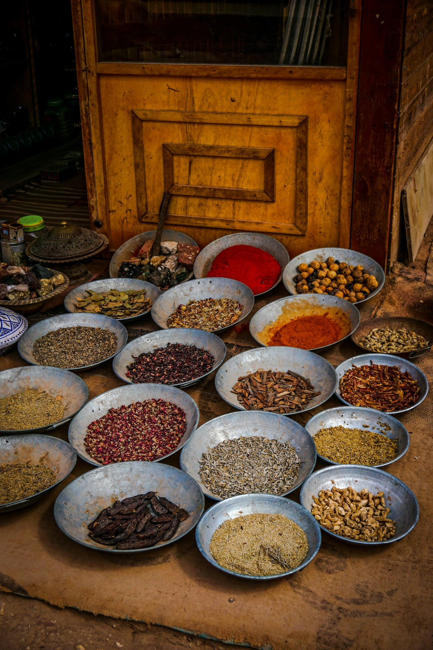 Bowls of spices at a market