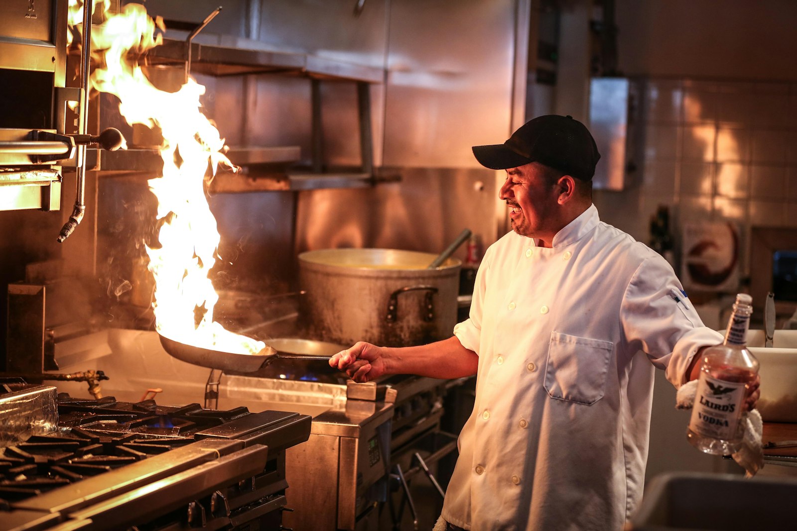 Flames rising from a pan on the line