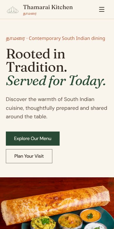 Thamarai Kitchen homepage on a phone